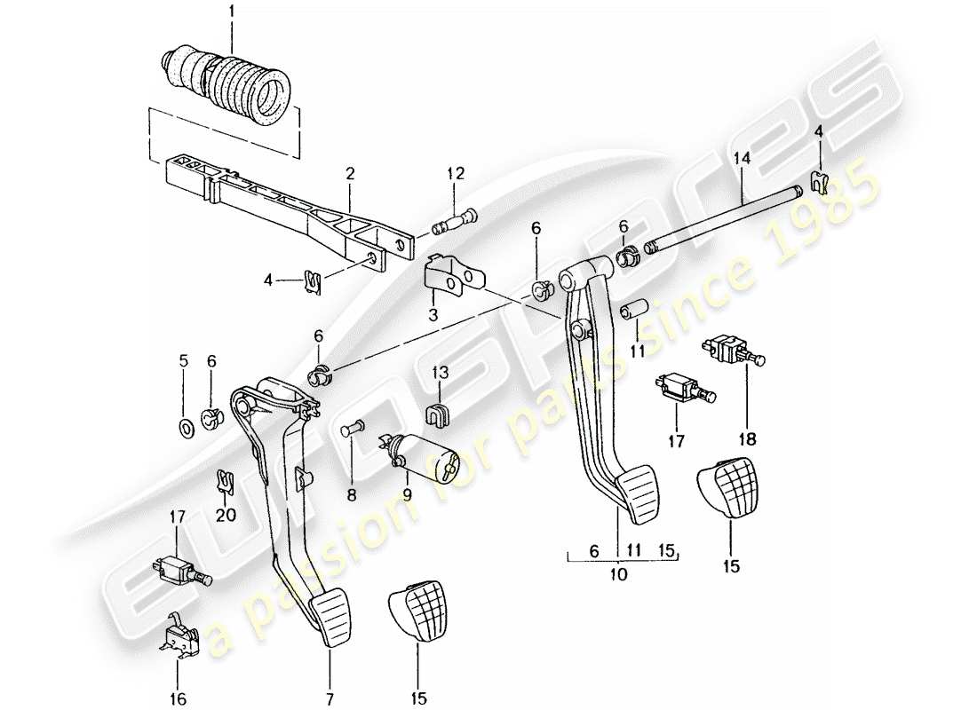 porsche 2003 (986 boxster) brake and accel. lever mech. parts diagram