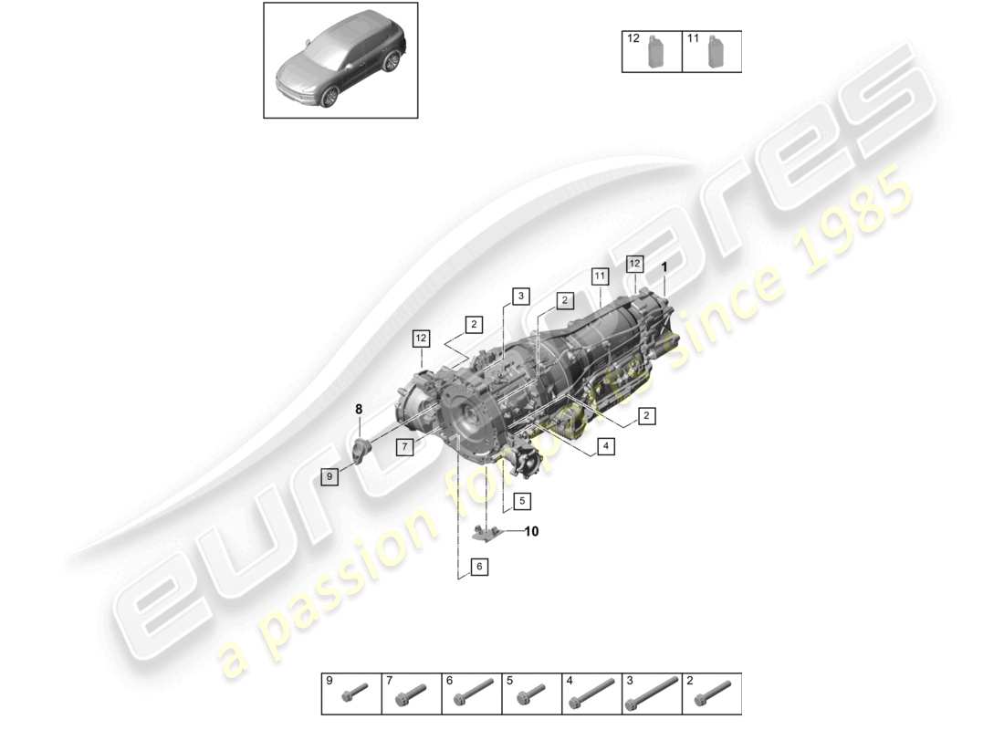 porsche 2019 (cayenne e3 9ya/9yb) 8-speed automatic gearbox for vehicles with hybrid drive mounting parts for engine and transmission parts diagram