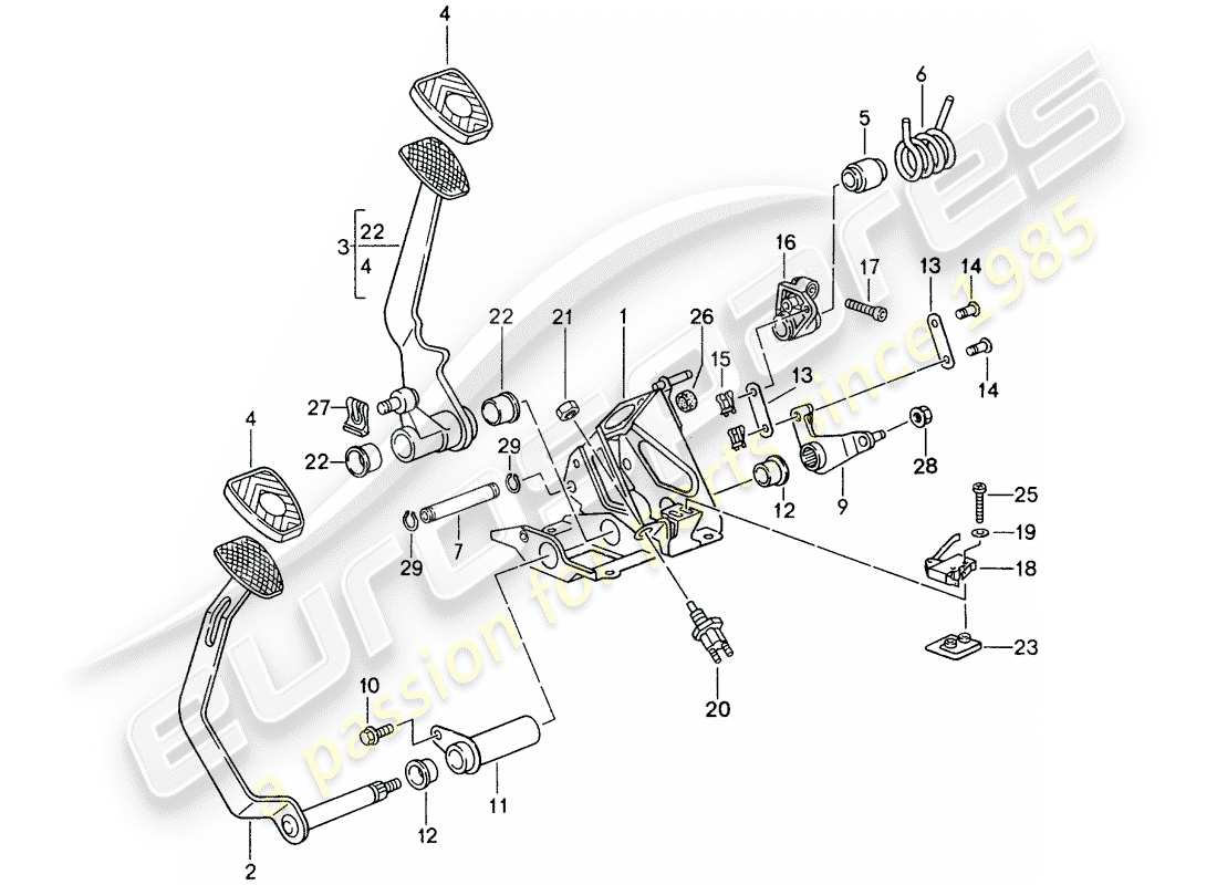 porsche 1997 (993) pedals - manual gearbox part diagram