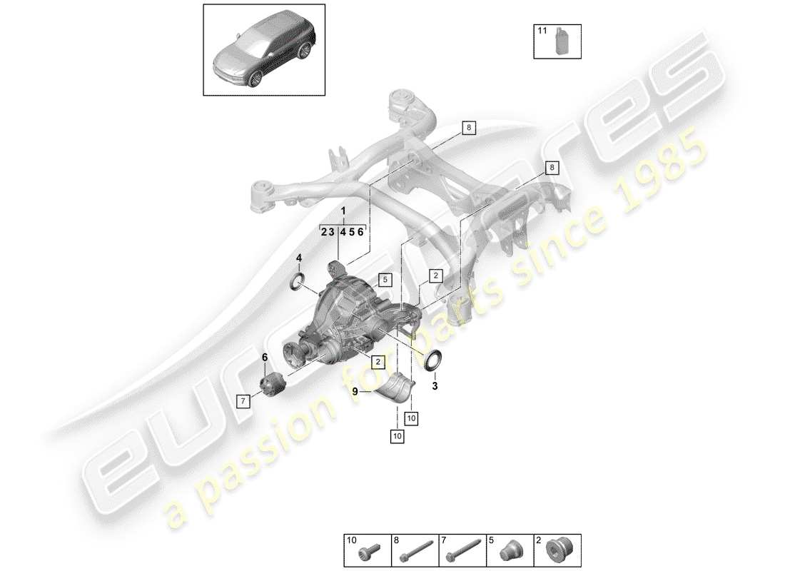 porsche 2020 (cayenne e3 9ya/9yb) rear axle differential for models with no differen- tial lock part diagram