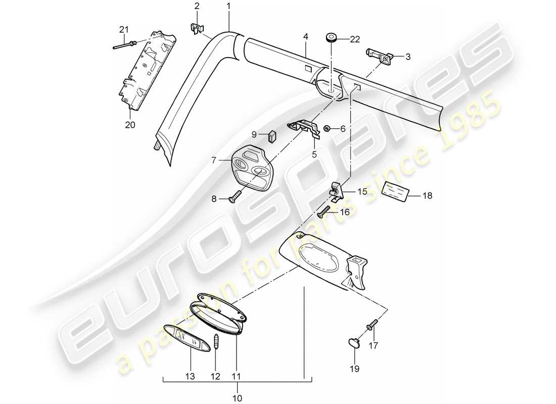 porsche 2003 (996 turbo / gt2) windshield frame - sun vizors part diagram