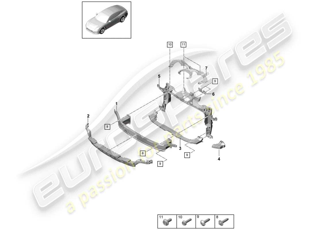 porsche 2019 (panamera 971-1) bumper carrier front and mounting bracket part diagram