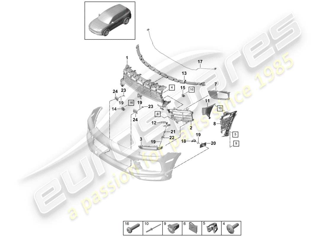 porsche 2020 (cayenne e3 9ya/9yb) bumper individual parts and fasteners part diagram