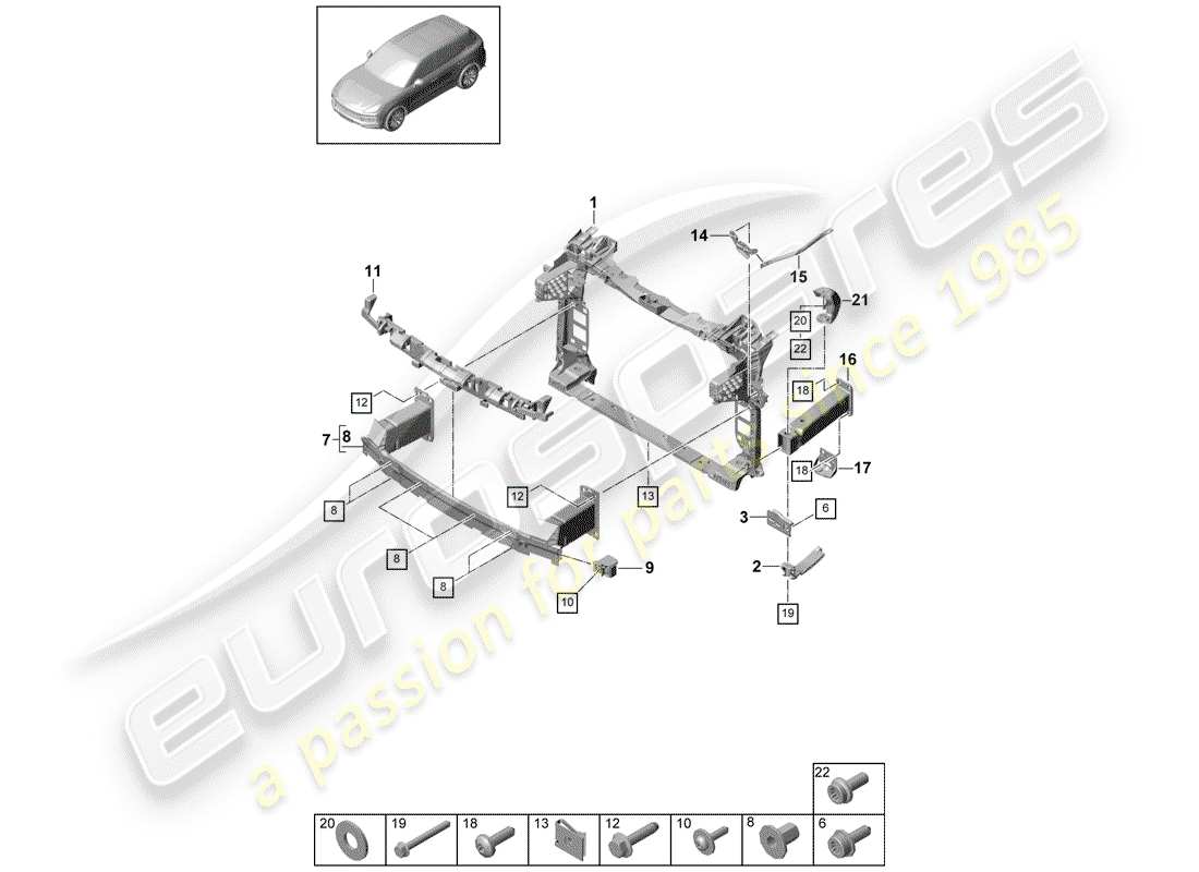 porsche 2020 (cayenne e3 9ya/9yb) bumper front and mounting bracket part diagram