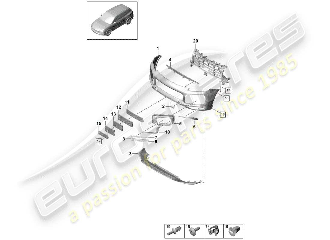 porsche 2020 (cayenne e3 9ya/9yb) bumper front sport design package carbon effect part diagram