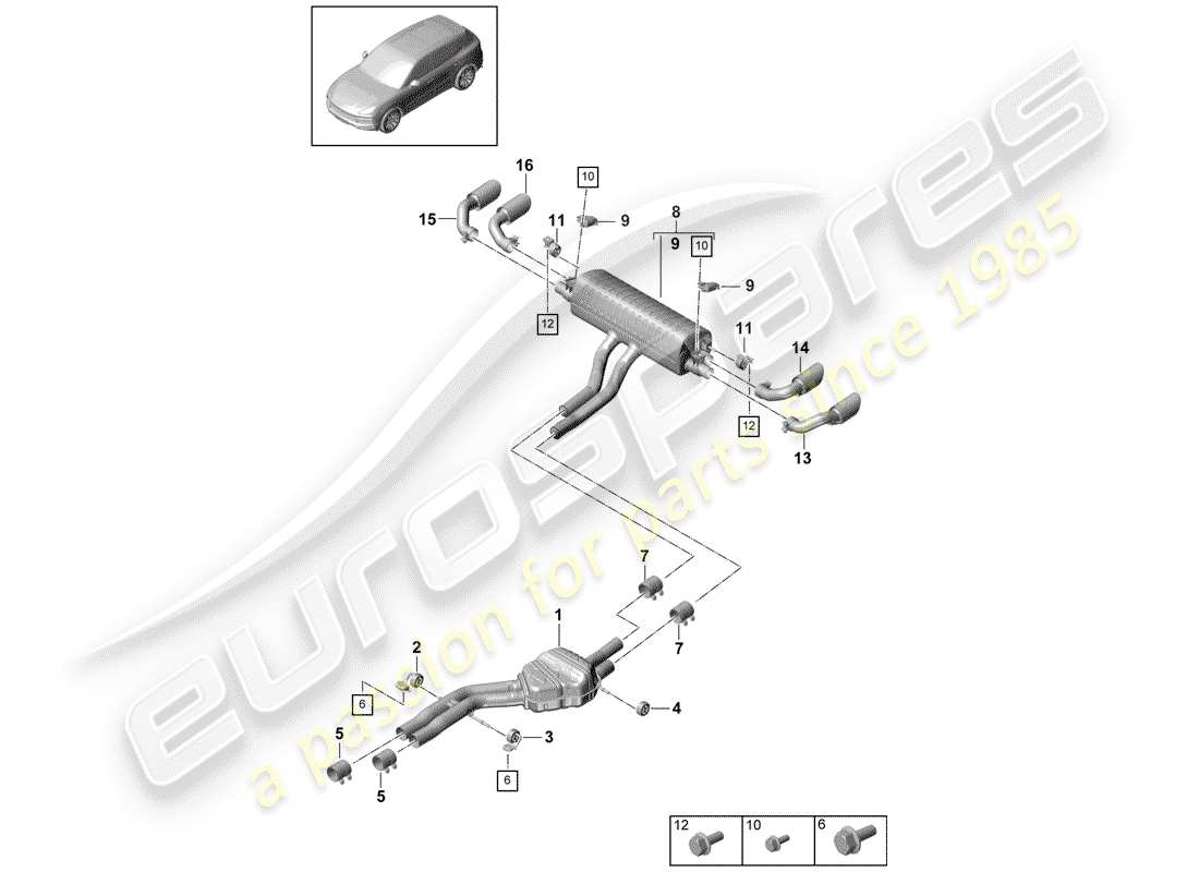 porsche 2020 (cayenne e3 9ya/9yb) exhaust system sport version front silencer rear silencer tailpipe part diagram