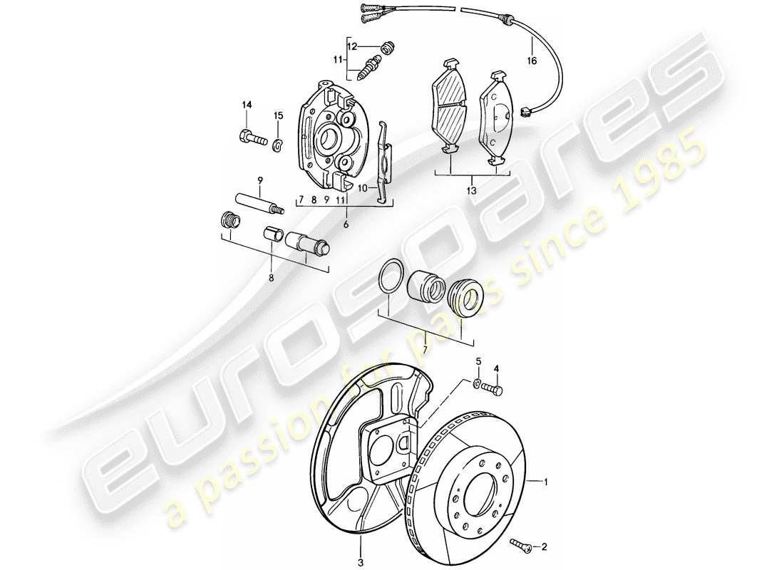 porsche 928 (1985) disc brakes - front axle - floating calliper - also use: - fasteners - for - brake lining part diagram