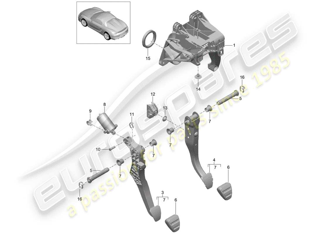 porsche 2016 (981 boxster spyder) brake and clutch pedals cluster parts diagram