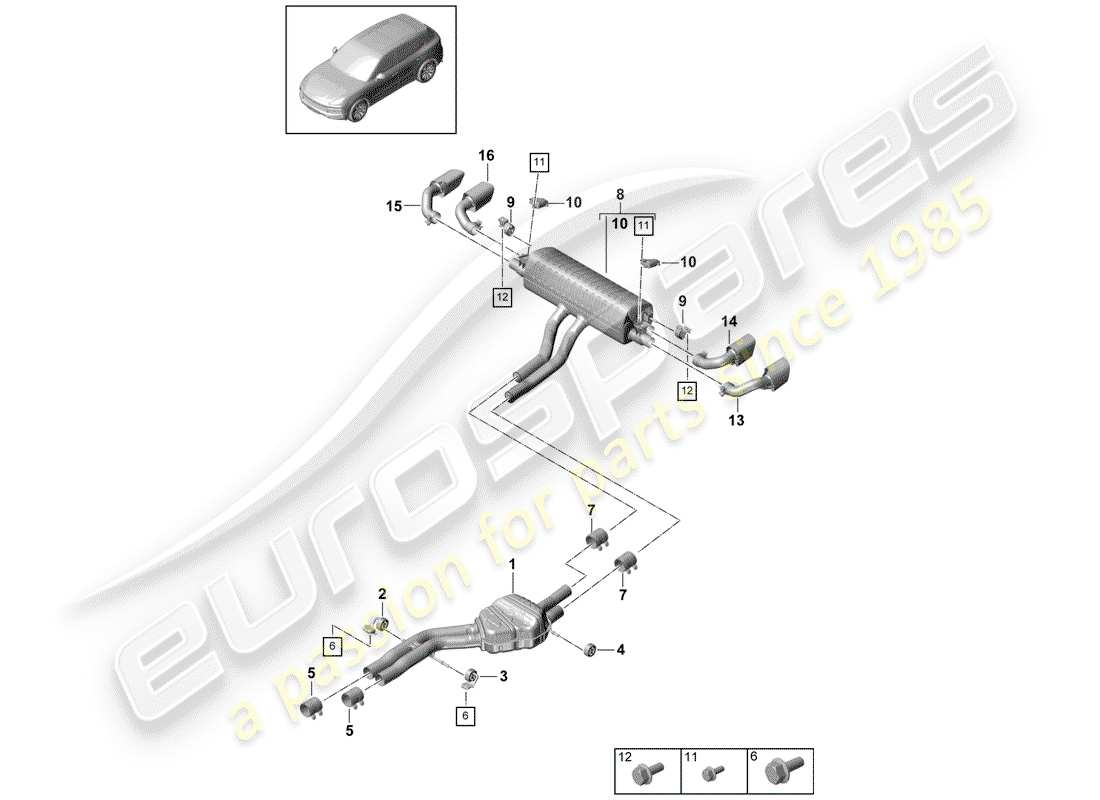 porsche 2019 (cayenne e3 9ya/9yb) exhaust system front silencer rear silencer tailpipe parts diagram