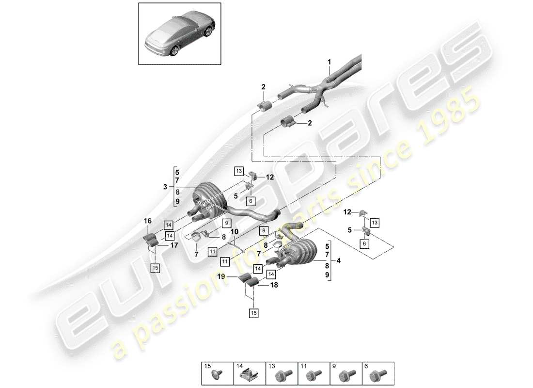 porsche 2020 (panamera 971-1) exhaust system sport version and rear silencer for vehicles with exclusive equipment tailpipe part diagram