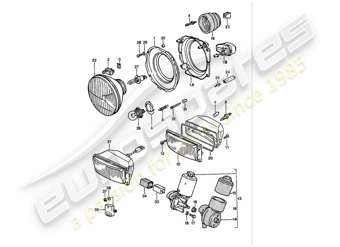 porsche 1986 (944) headlamp - electric motor - pop-up headlight part diagram