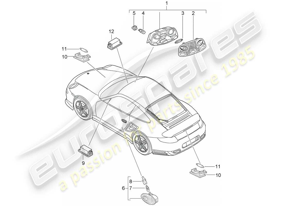 porsche 2012 (997-2 turbo / gt2 rs) interior lights parts diagram