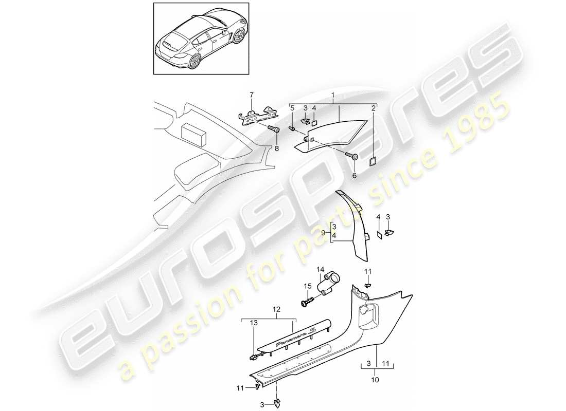 porsche 2016 (panamera 970) a-pillar front sill trim strip parts diagram