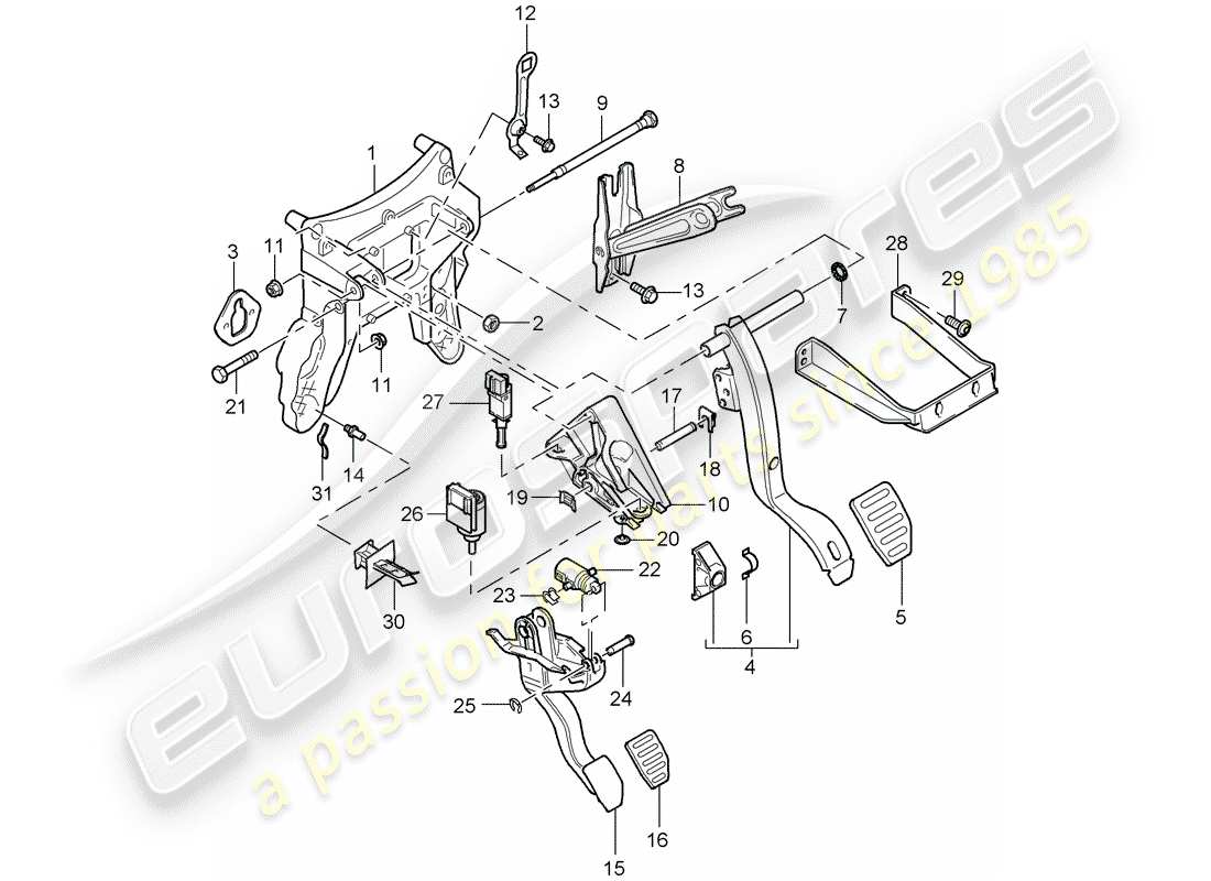 porsche 2007 (cayenne e1 9pa) brake and clutch pedals cluster manual gearbox part diagram