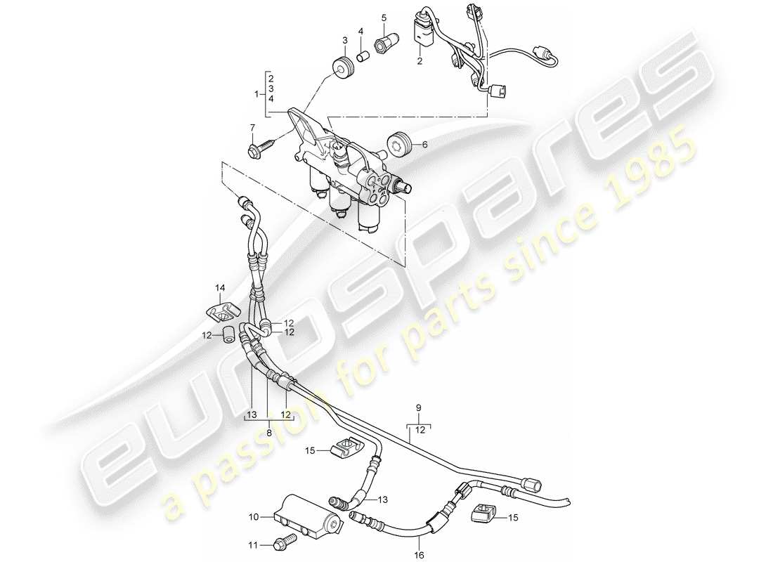 porsche 2007 (cayenne e1 9pa) anti-roll bar valve block junction pressure line part diagram
