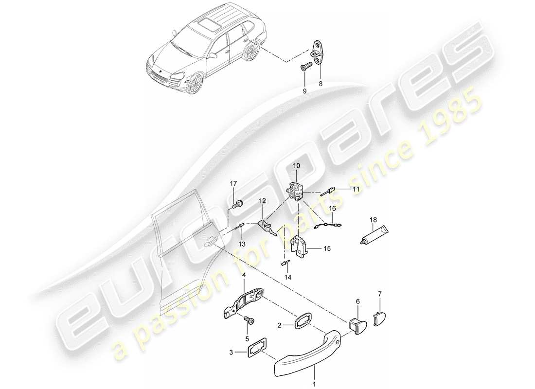 porsche 2007 (cayenne e1 9pa) door handle, exterior rear door lock part diagram