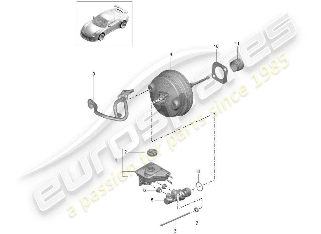 porsche 2016 (991-1 r/gt3/rs) brake master cylinder brake servo d >>- mj 2017 part diagram