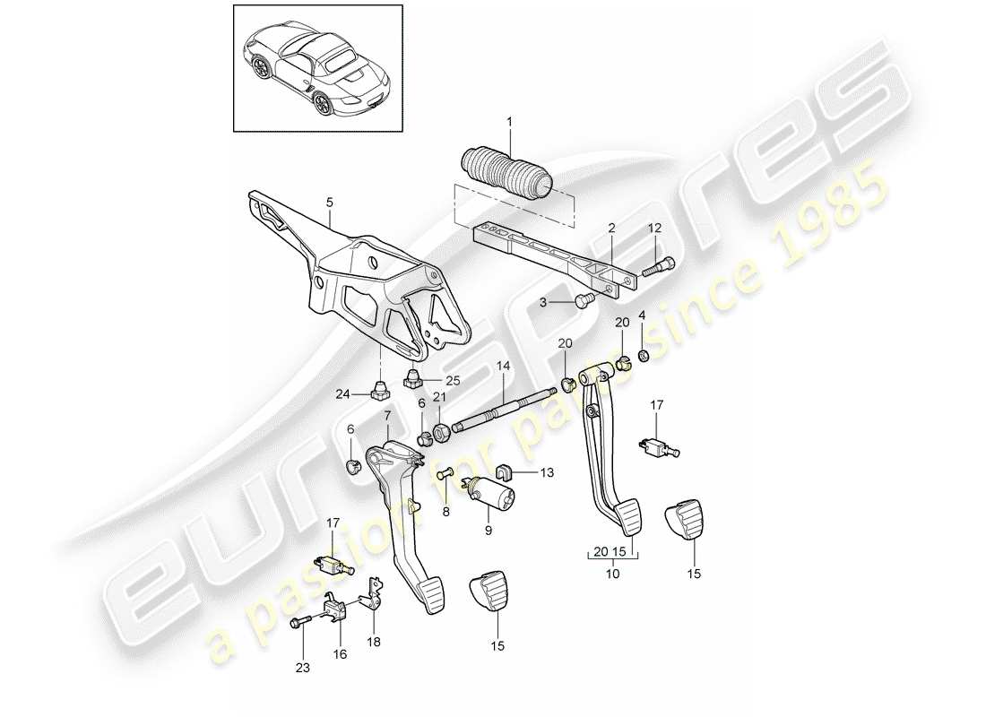 porsche 2009 (987 boxster) brake and clutch pedals cluster parts diagram