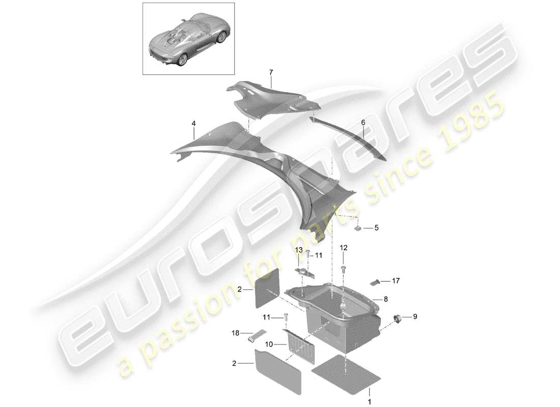 porsche 2015 (918 spyder) luggage compartment liner parts diagram