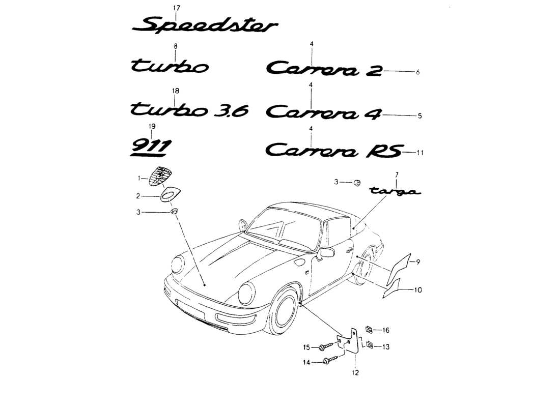 porsche 1994 (964) nameplates - stone protection foil parts diagram