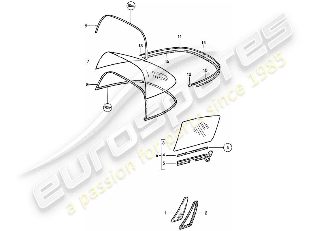 porsche 1984 (911) window glazing part diagram