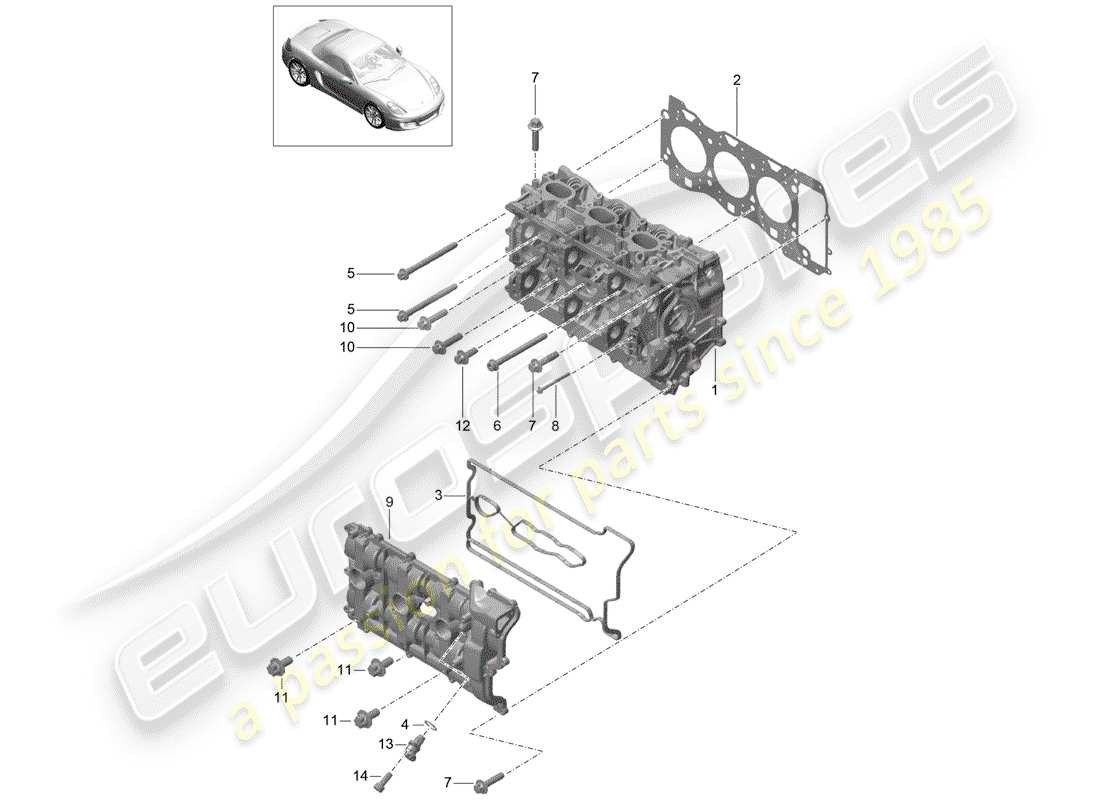 porsche 2014 (981 boxster) cylinder head with: inlet/outlet valve cylinder head gasket valve cover parts diagram