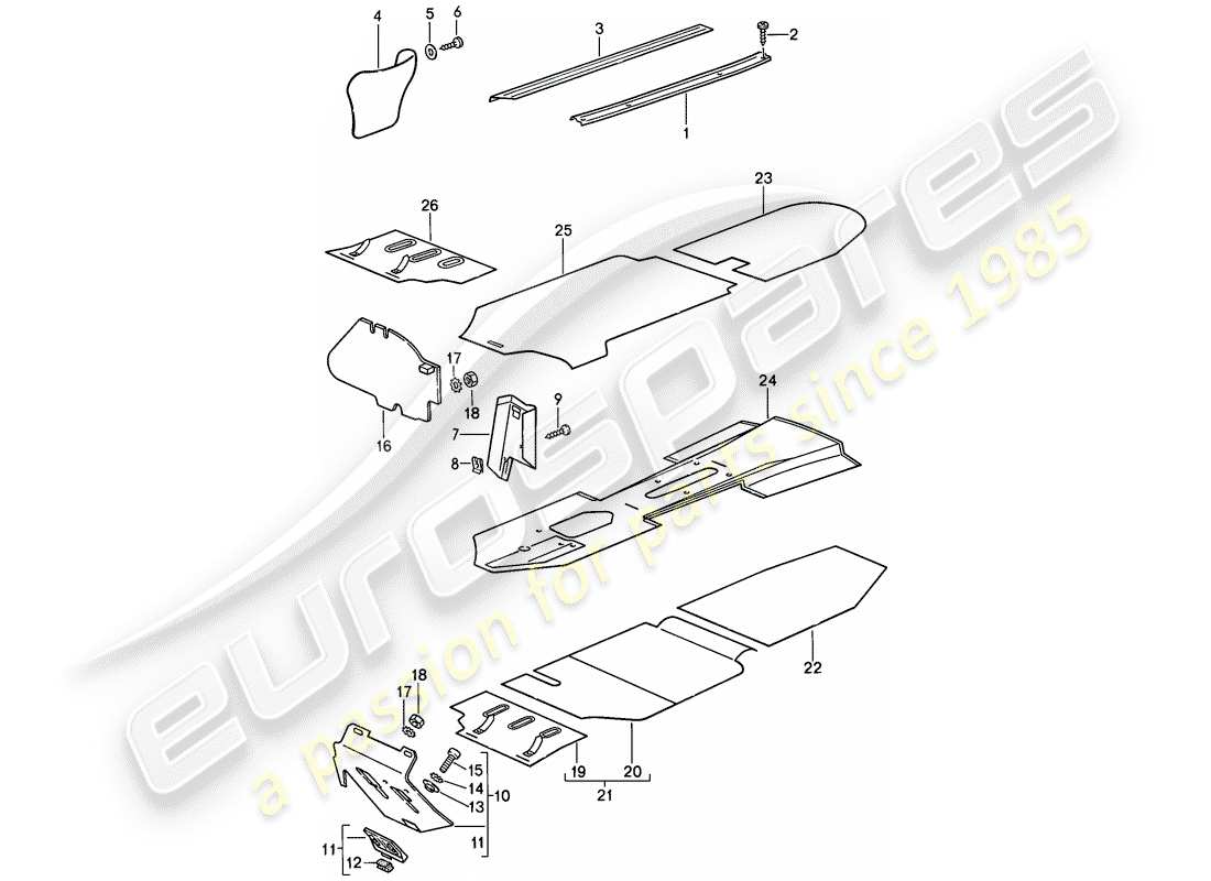 porsche 1987 (911) trims - footwell - detachable carpets part diagram