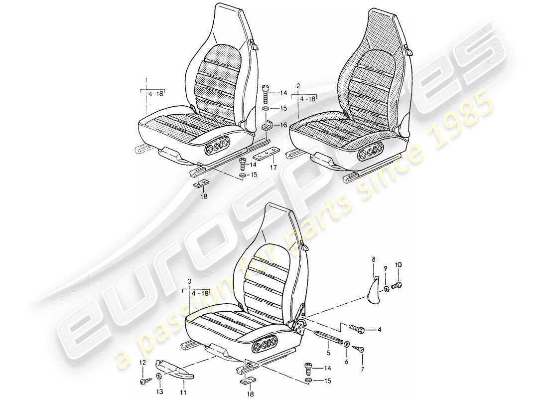 porsche 1990 (964) seat - complete parts diagram