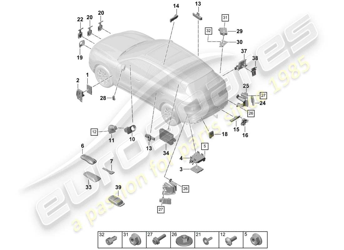 porsche 2020 (cayenne e3 9ya/9yb) control units front end rear end ignition/starter switch handheld transmitter controls for garage door operation receiver unit auxiliary heater aerial control unit for distance regulation control unit for lane change assist spoiler part diagram