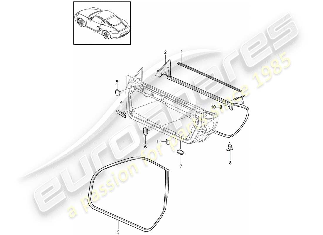 porsche 2012 (987 cayman) door seal seal windshield frame part diagram