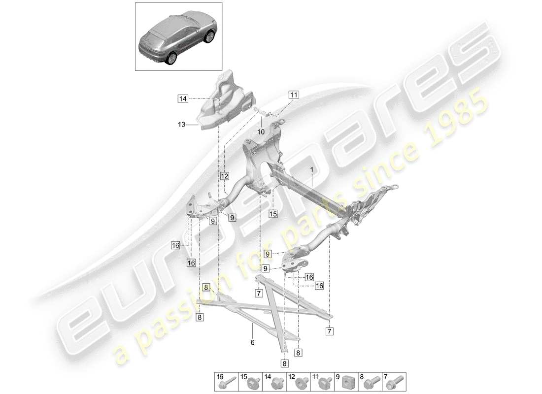 porsche 2020 (macan) support frame cross member guard plate parts diagram