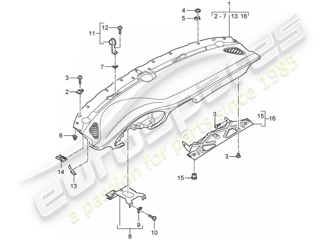 porsche 2010 (997-2 gt3) dash panel trim parts diagram