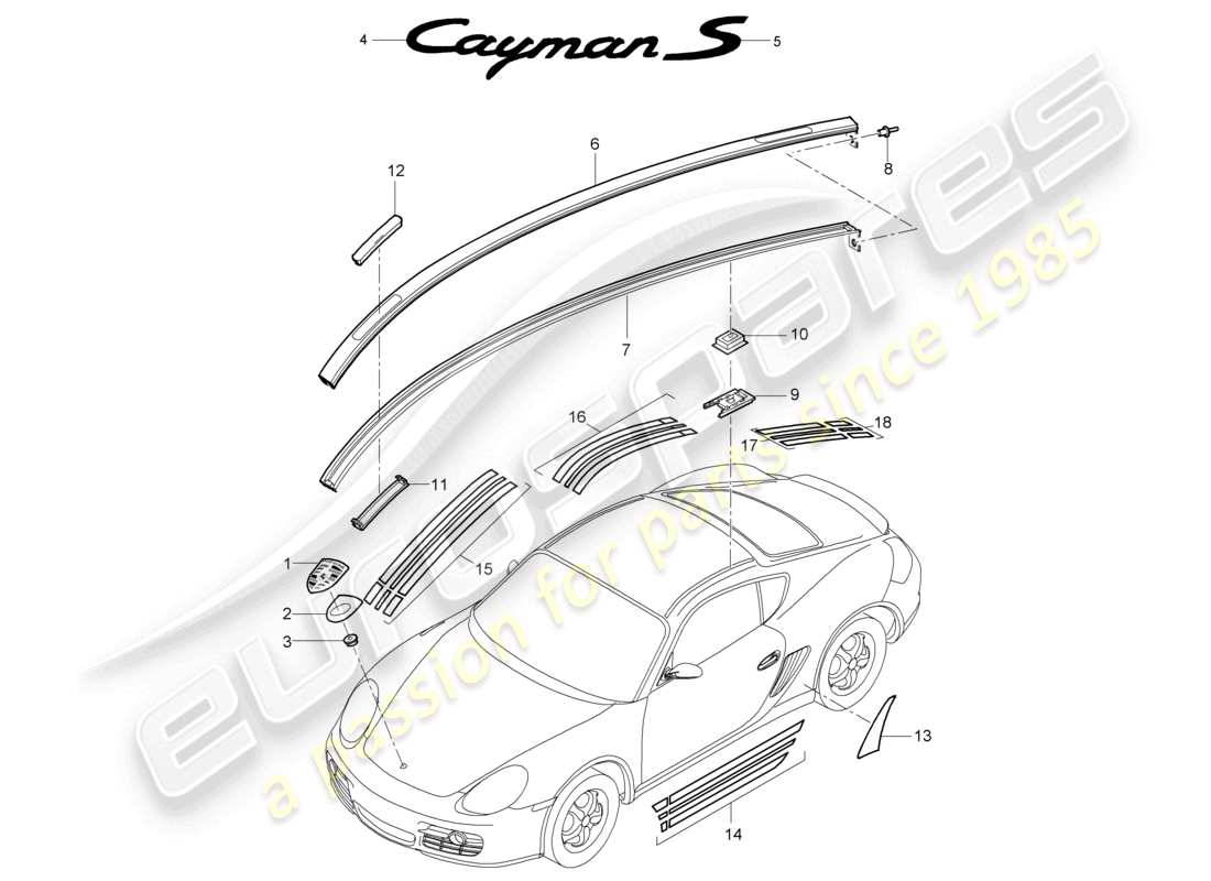 porsche 2006 (987 cayman) inscriptions/lettering moldings stone guard film part diagram