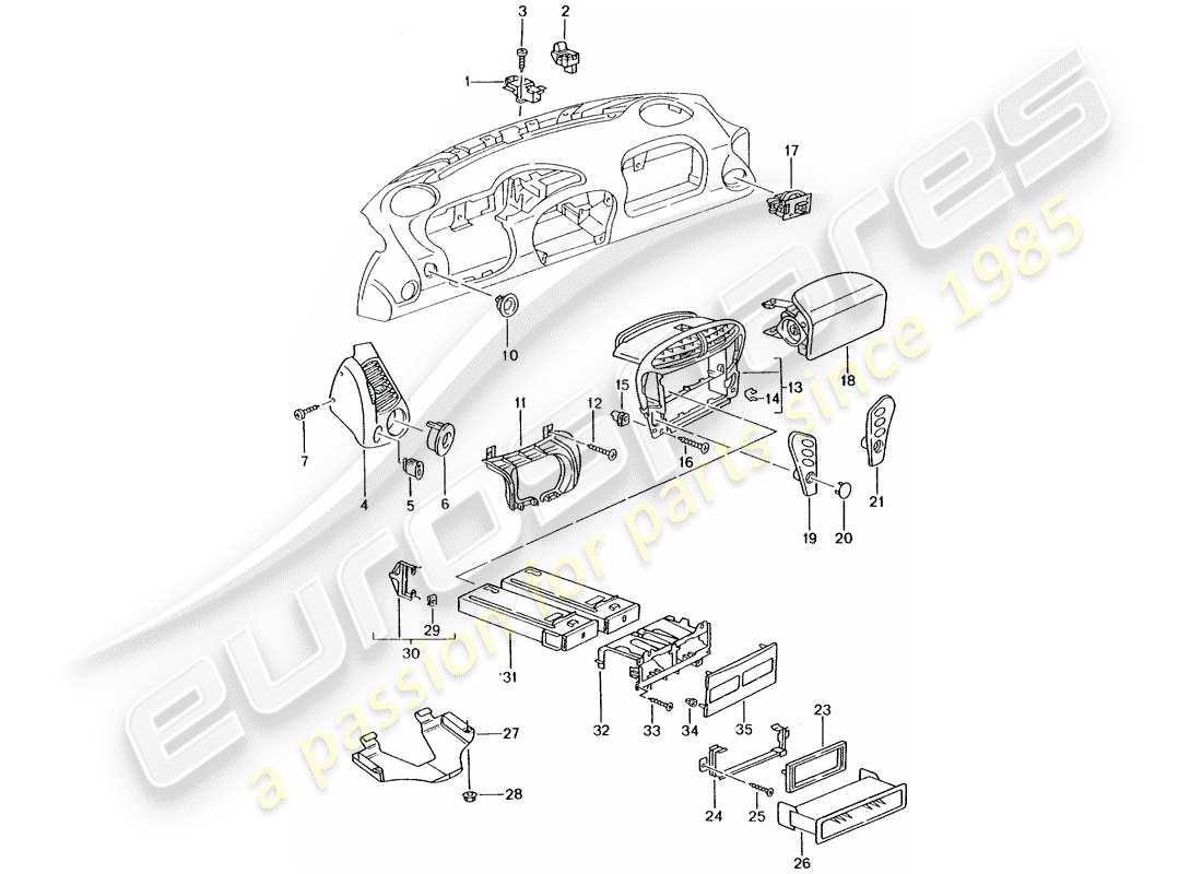 porsche 2005 (996 turbo / gt2) accessories - dash panel trim part diagram