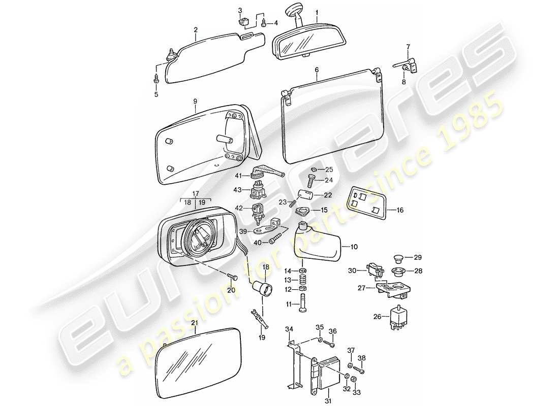porsche 1988 (928) sun vizor - rear view mirror inner - rear view mirror parts diagram