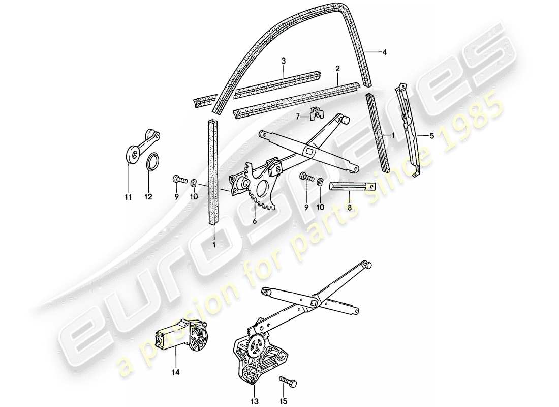 porsche 1988 (944) window regulator - glass channel parts diagram