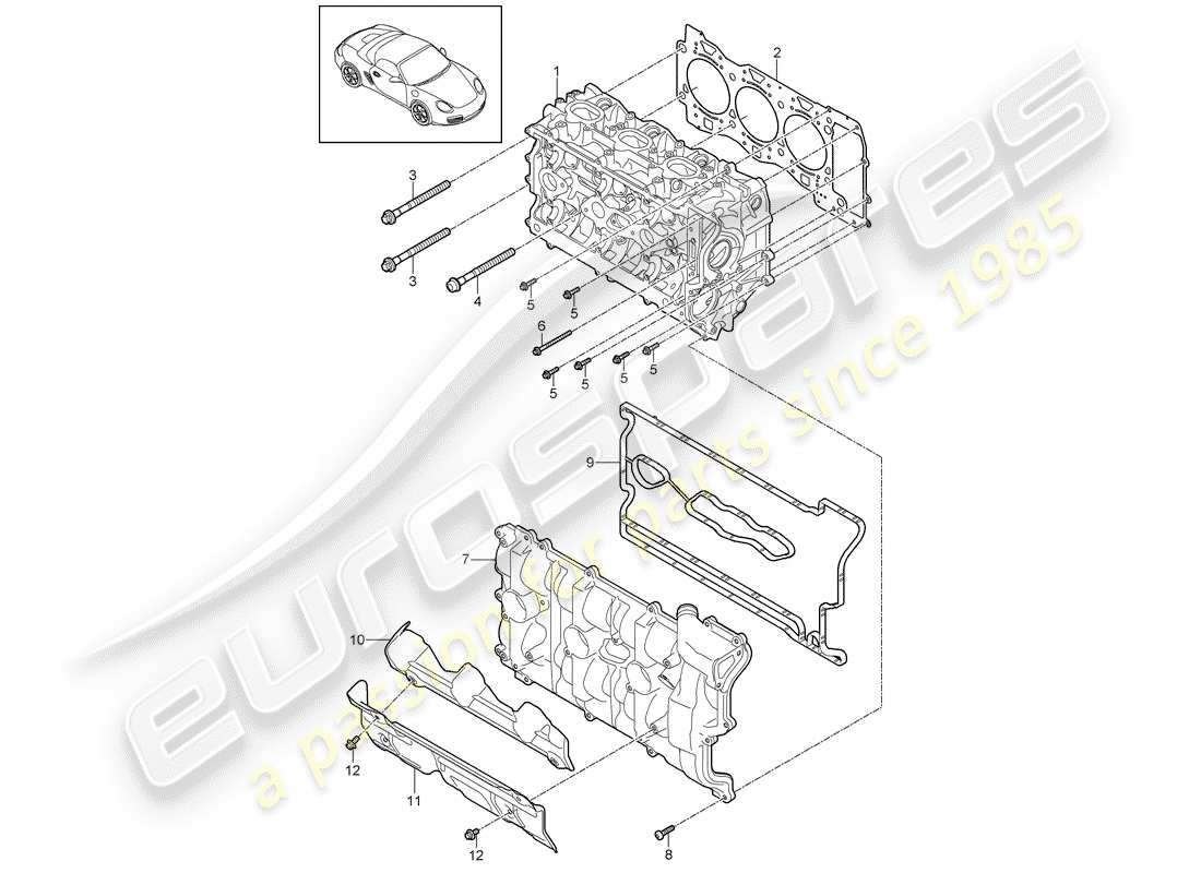porsche 2009 (987 boxster) cylinder head with: inlet/outlet valve cylinder head gasket valve cover parts diagram