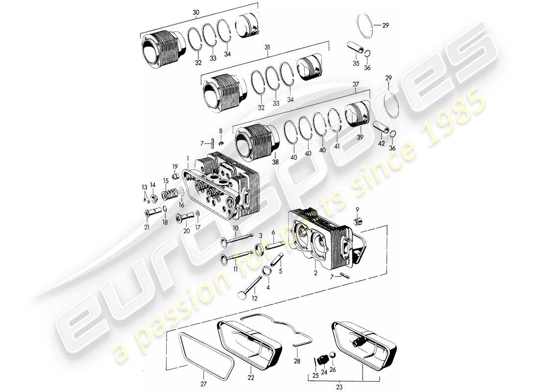 porsche 1957 (356/356a) cylinder head - cylinder with pistons - m 22 001 >> - m 50 101 >> - m 33 901 >> - m 41 001 >> - m 60 001 >> - m 80 001 >> part diagram