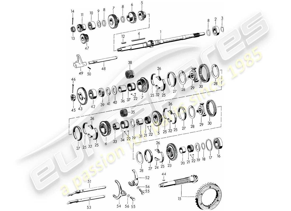 porsche 356/356a (1955) gears and shafts - for - transmission part diagram