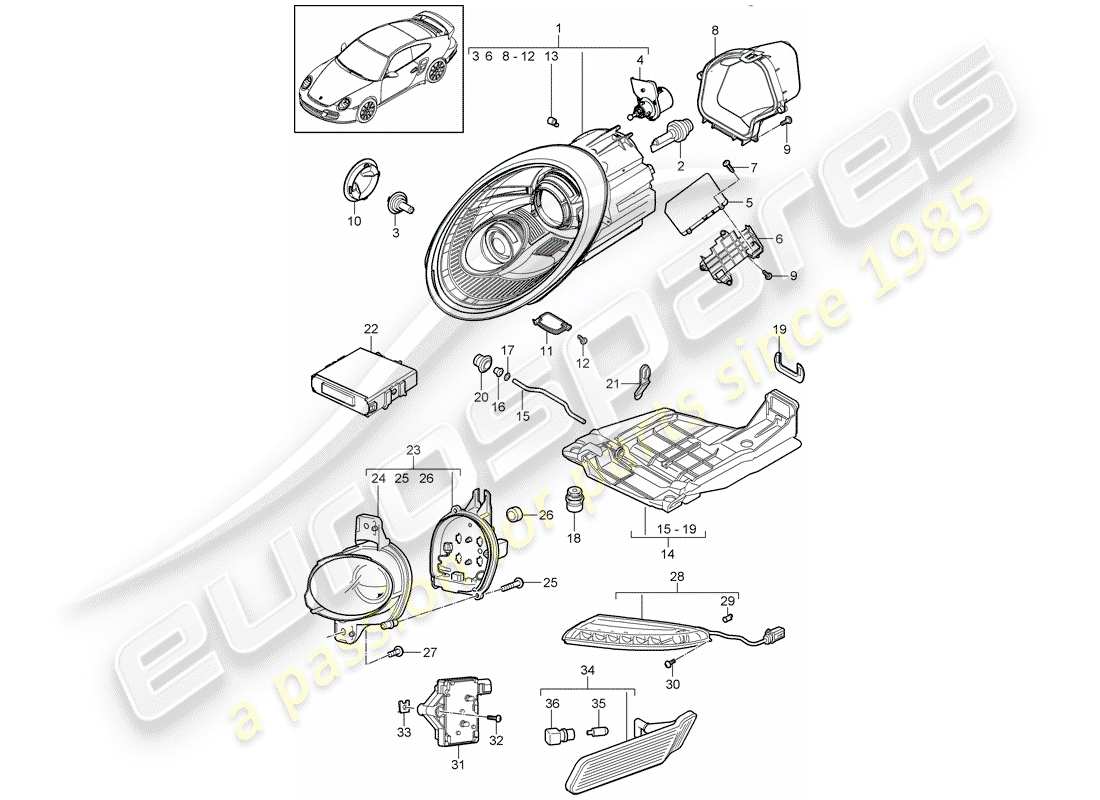 porsche 2013 (997-2 turbo / gt2 rs) headlamp parts diagram