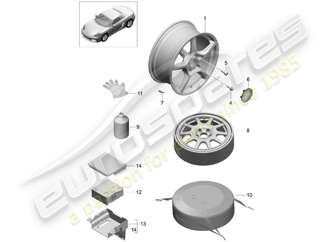 porsche 2018 (718 boxster) aluminium rim spare wheel tyre sealant parts diagram
