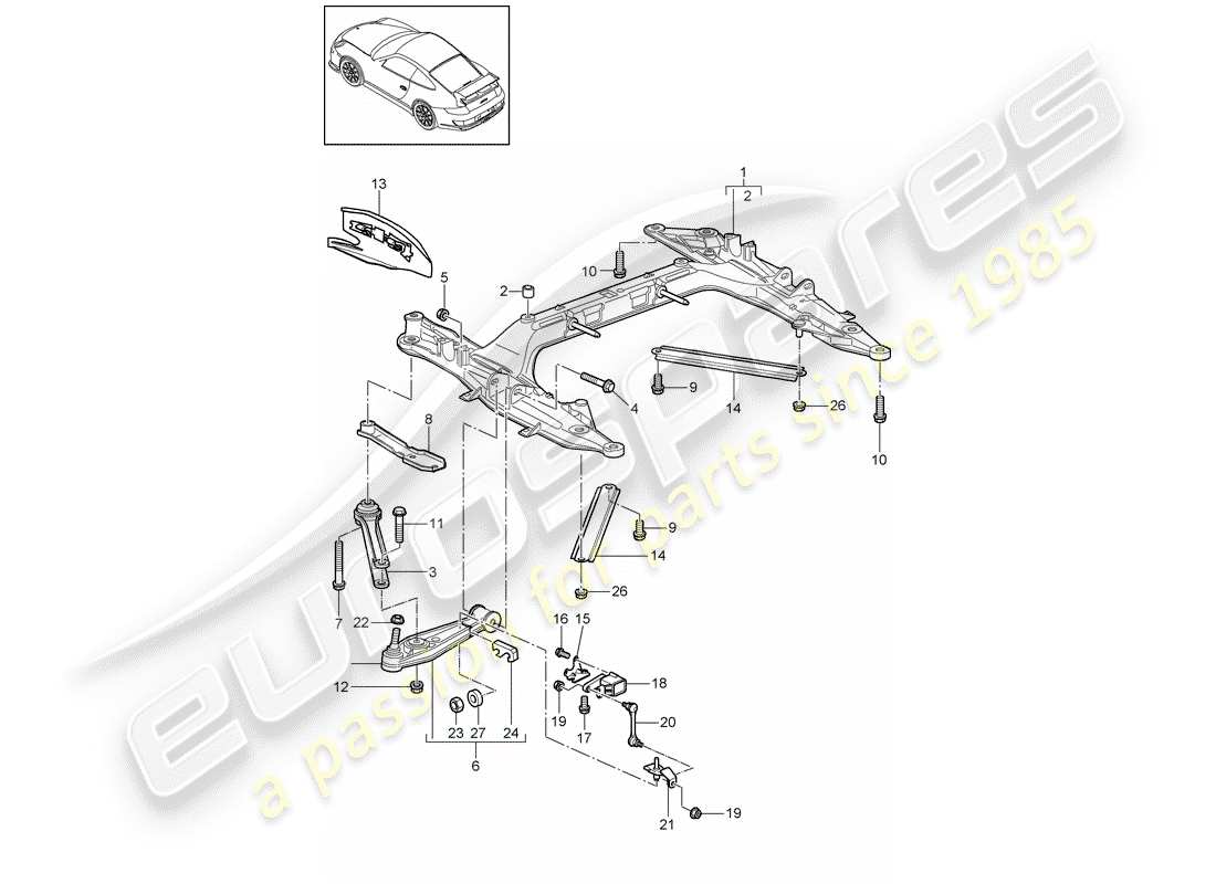 porsche 2008 (997-1 gt3) cross member parts diagram