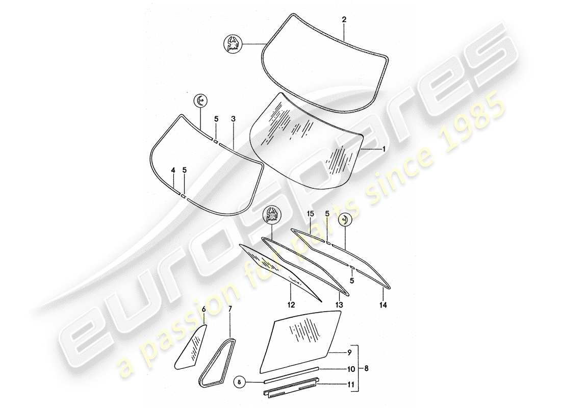 porsche 1977 (911 turbo) window glazing part diagram