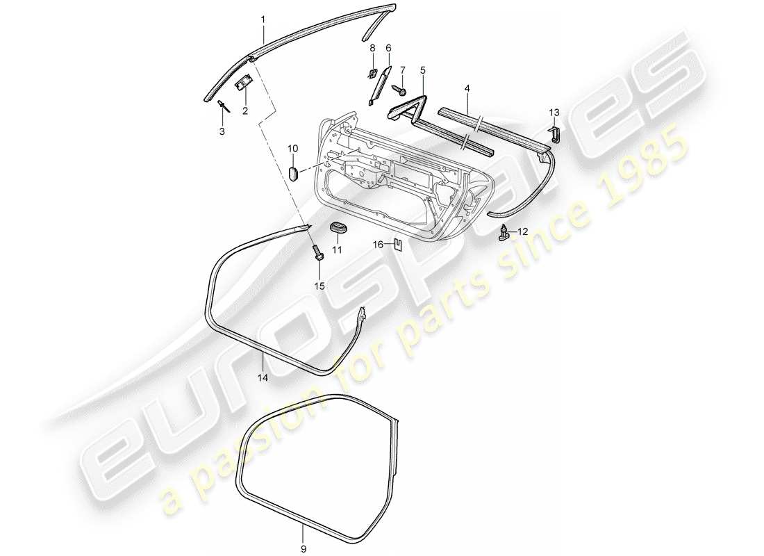 porsche 2005 (996 turbo / gt2) door seal - gasket - windshield frame part diagram