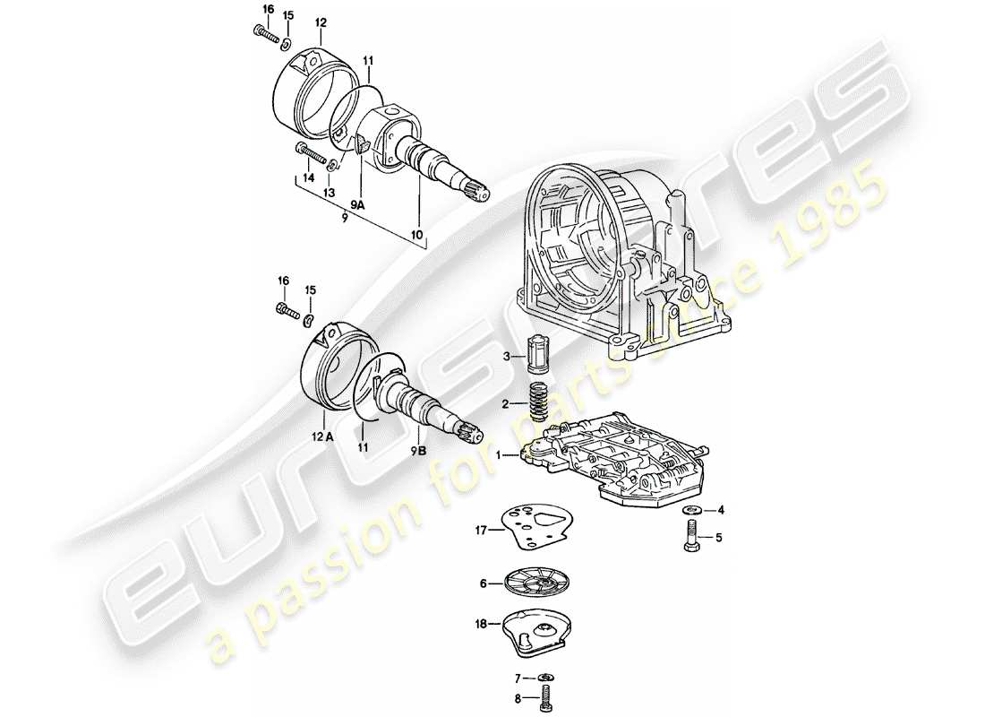 porsche 924 (1982) shift-valve body - governor - oil strainer - automatic transmission parts diagram