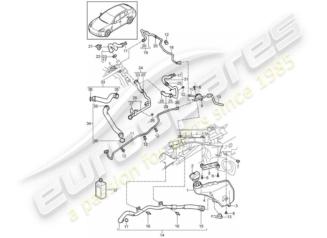 porsche 2014 (panamera 970) coolant cooling system coolant expansion tank part diagram