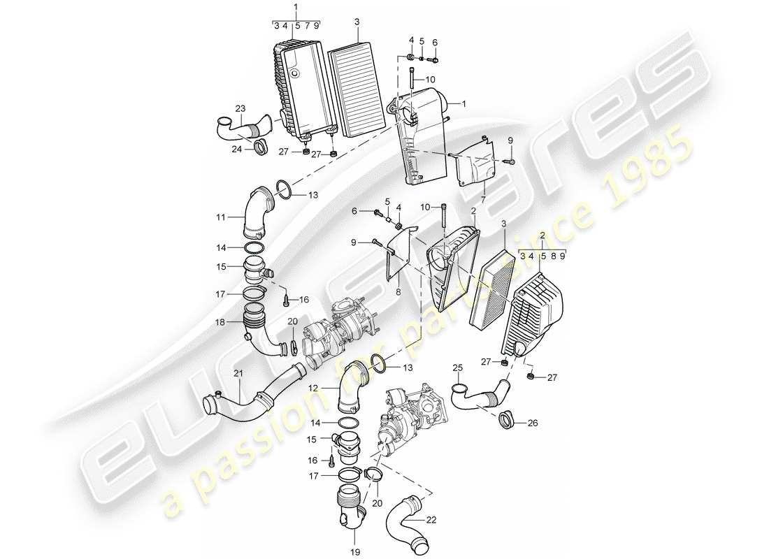 porsche cayenne (2005) air cleaner with connecting parts diagram
