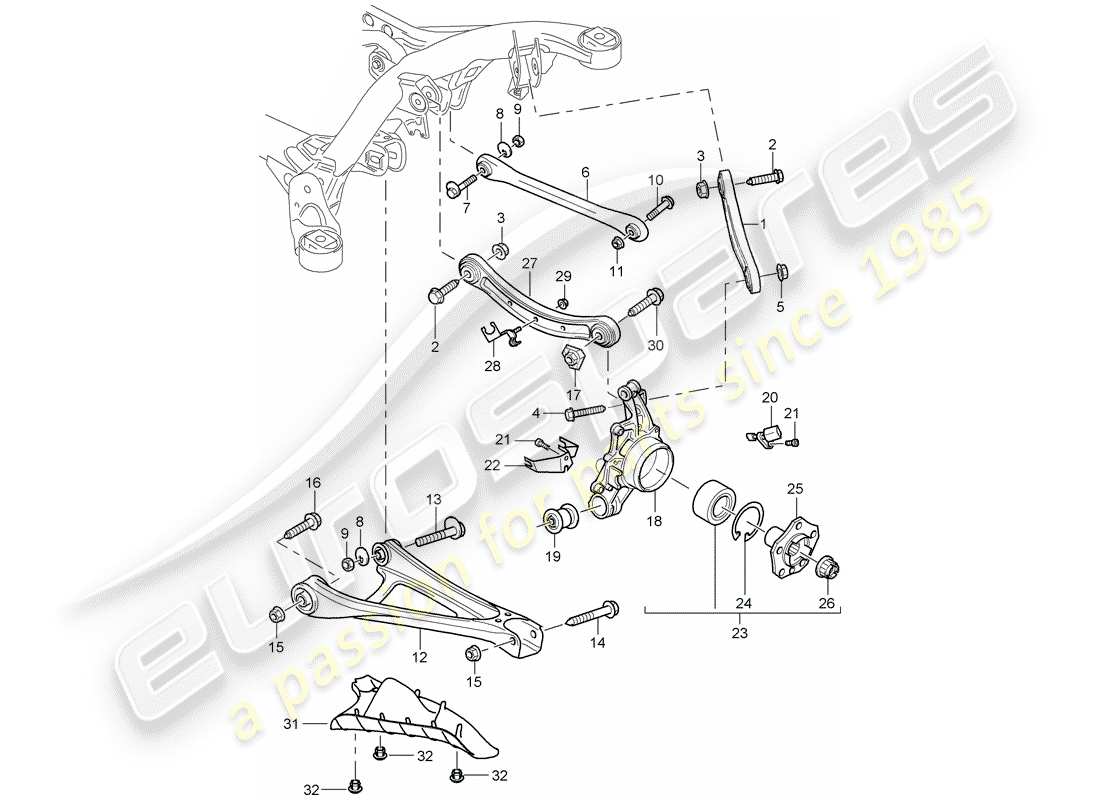 porsche 2005 (cayenne e1 9pa) rear axle wheel carrier wishbone track rod wheel hub stone chip guard part diagram