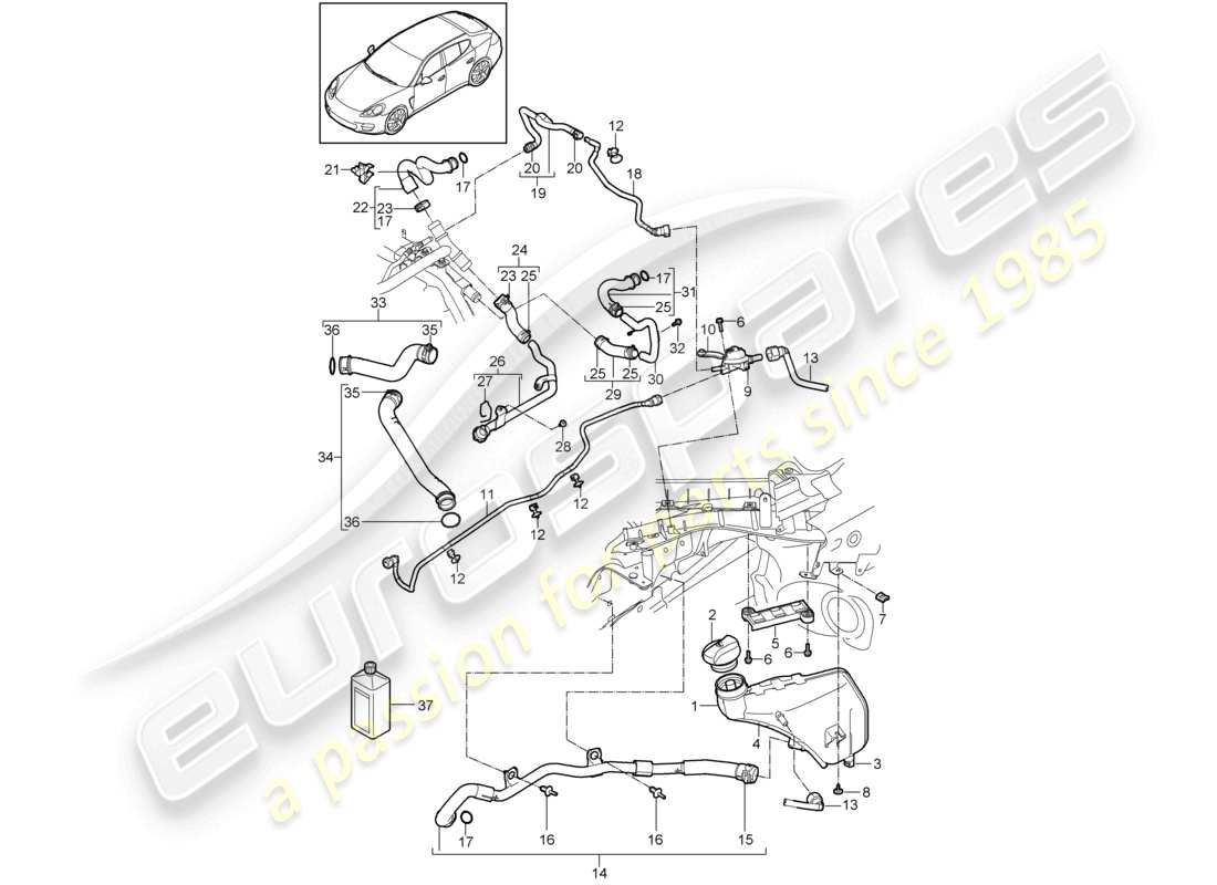 porsche 2016 (panamera 970) coolant cooling system coolant expansion tank parts diagram