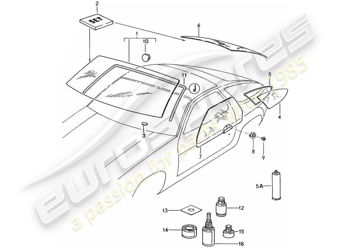 porsche 1989 (928) window glazing parts diagram